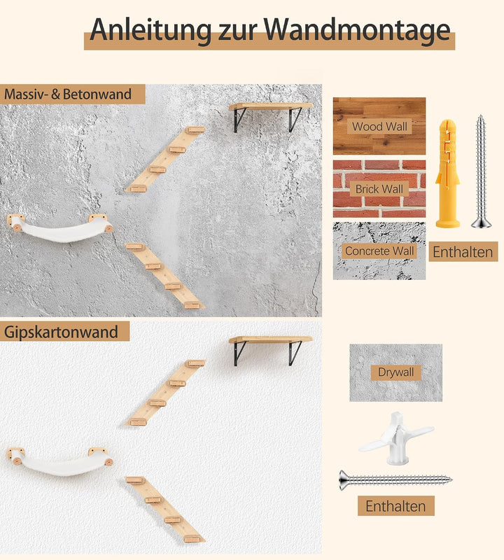 Kletterwand Katzen, Wandmontiertes Katzenhängematte, Katzen Kletterwand Set, Kiefernholz Katzenregal
