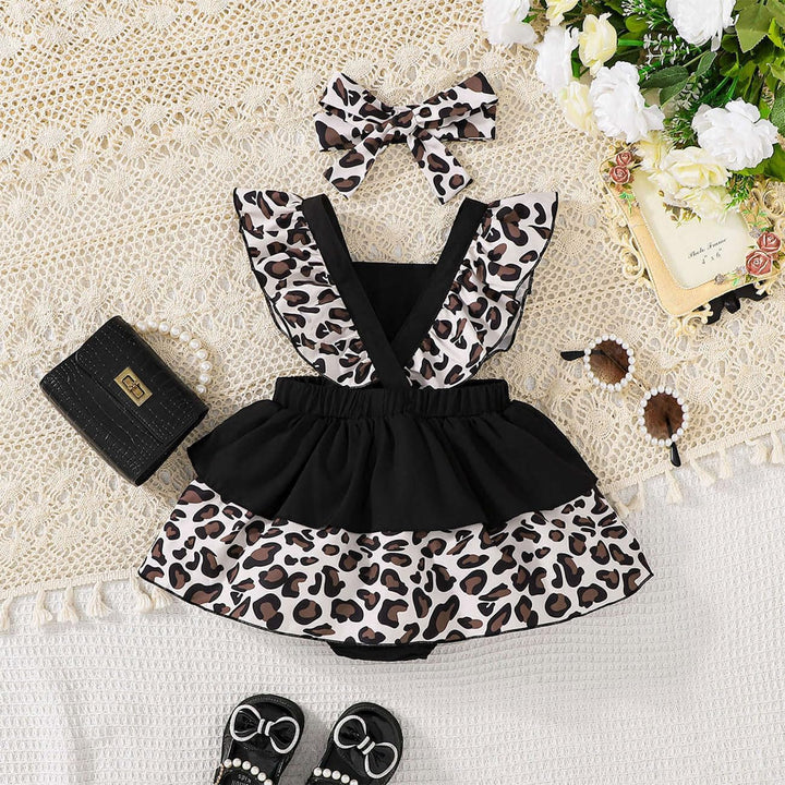 Baby Mädchen Leopard Print Hosenträger Kleid Bowknot Stirnband Kleiderset, ärmellos Rundhalsausschni
