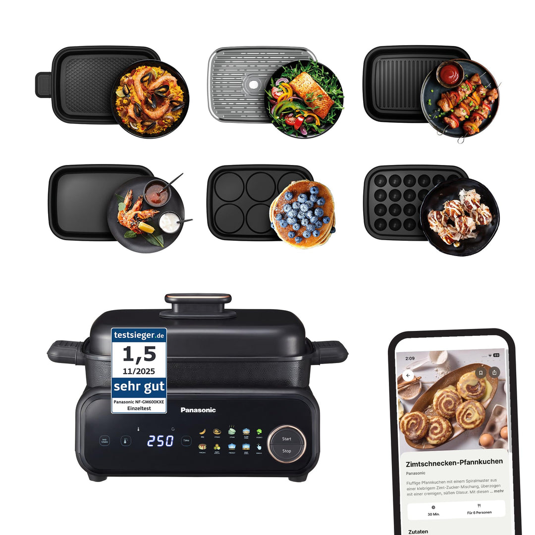 Panasonic NF-GM600 6-in-1 Elektro-Multikocher, Elektro Tischgrill, Plancha, Braten, Slow Cook, BBQ,