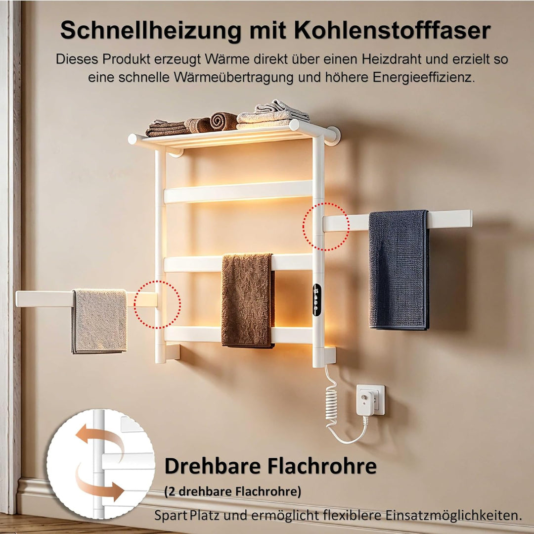 Handtuchheizkörper Elektrisch 66 x 55cm, 180° Drehung Handtuchwärmer Elektrisch mit Heiz-Ablage, WiF