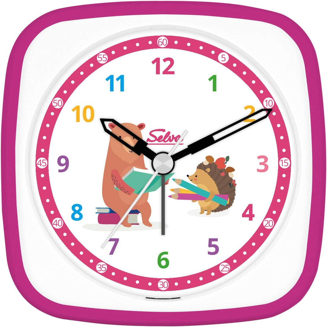 SELVA Quarzwecker für die Einschulung mit Igel und Bär Motiv pink/Weiss. Schleichende Sekunde lautlo