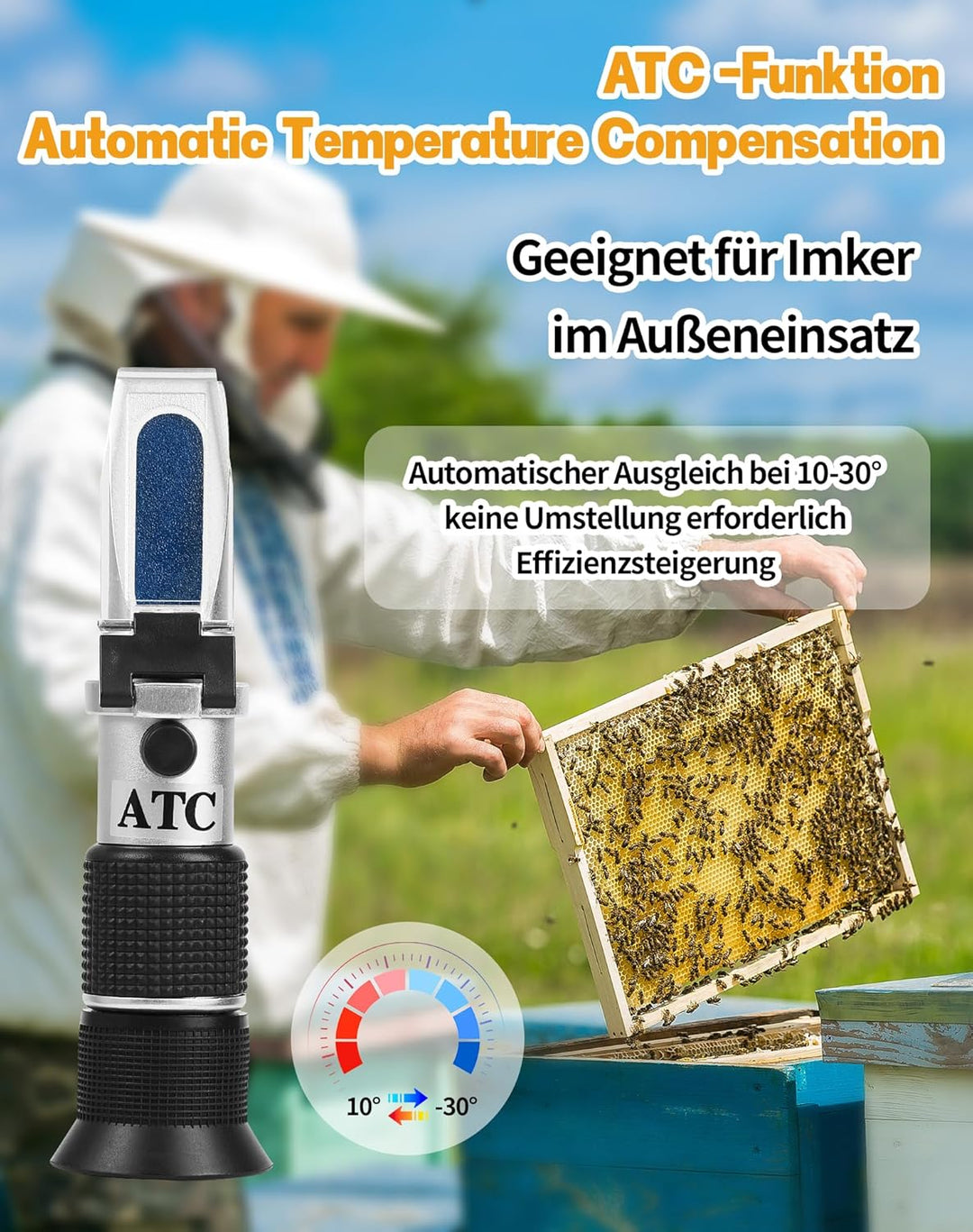2 in 1 Honig Refraktometer mit ATC Imker Refraktometer Brix 58-90% Wassergehalt im Honig 12-32% Refr