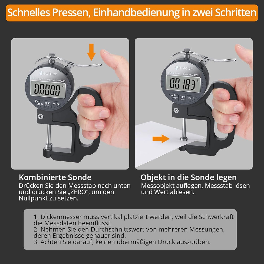 Neoteck Tragbares digitales Dickenmessgerät 0-25,4 mm Messbereich 0,001/0,00005 '' elektronischer Mi
