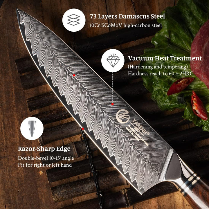 YARENH Damastmesser Profi Kochmesser 20.5 cm, Scharf Kochen Messer, 73 Schichten Damaststahl Küchenm