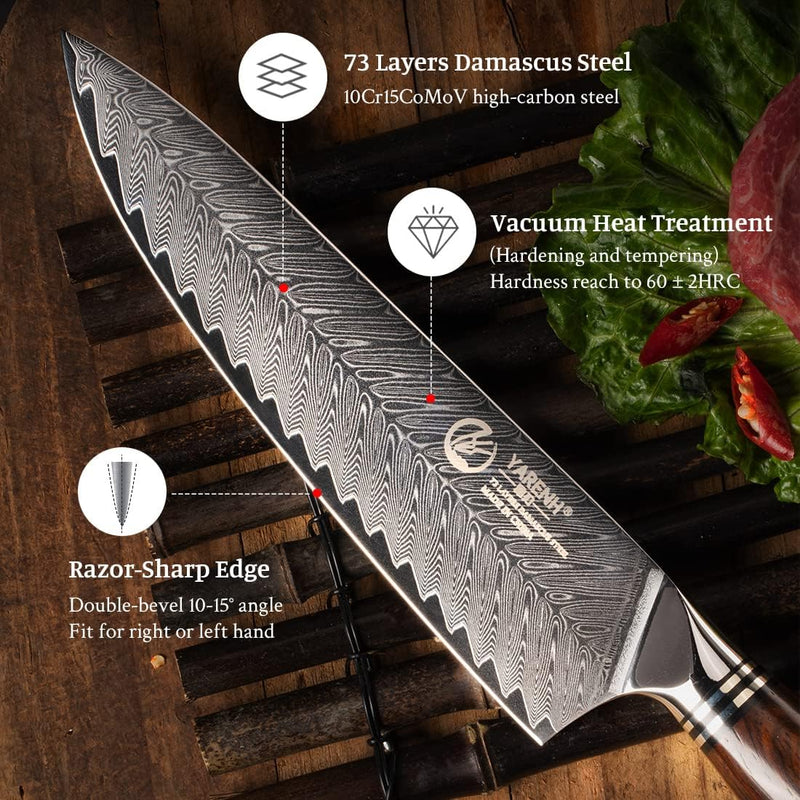 YARENH Damastmesser Profi Kochmesser 20.5 cm, Scharf Kochen Messer, 73 Schichten Damaststahl Küchenm