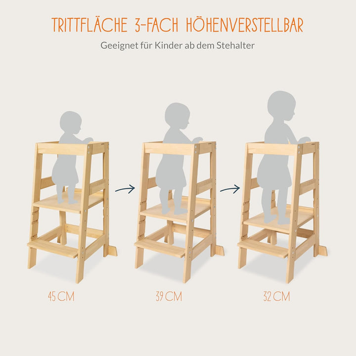 PINOLINO Fino Lernturm - Höhenverstellbarer Kinderhocker ab 1 Jahr – Kinder Tritthocker aus massiver
