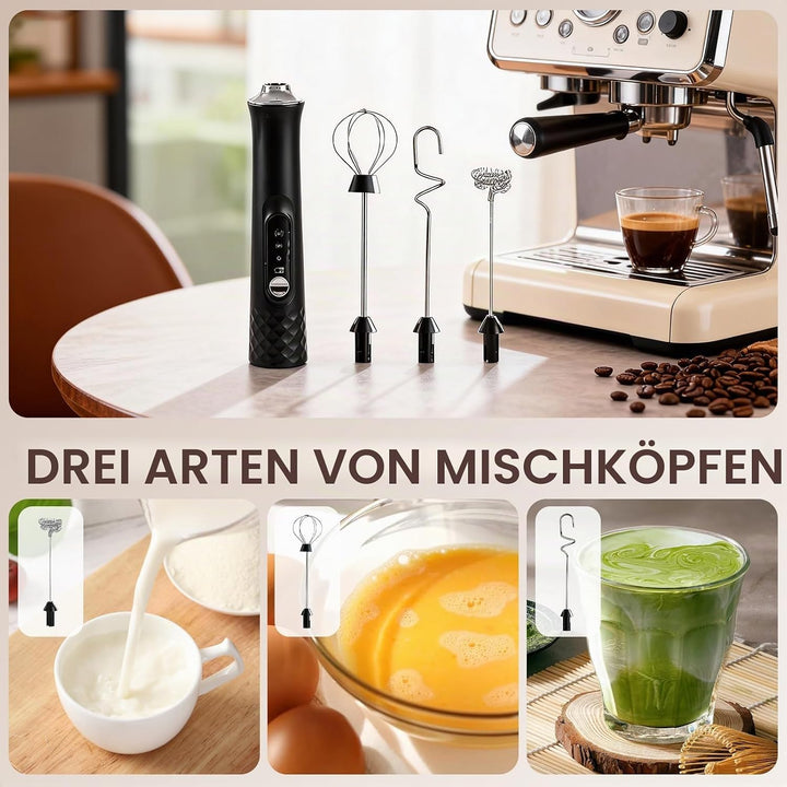 Milchaufschäumer Elektrisch Stab, USB Wiederaufladbarer Aufschäumer con Ständer, 3 Abnehmbarem Schne
