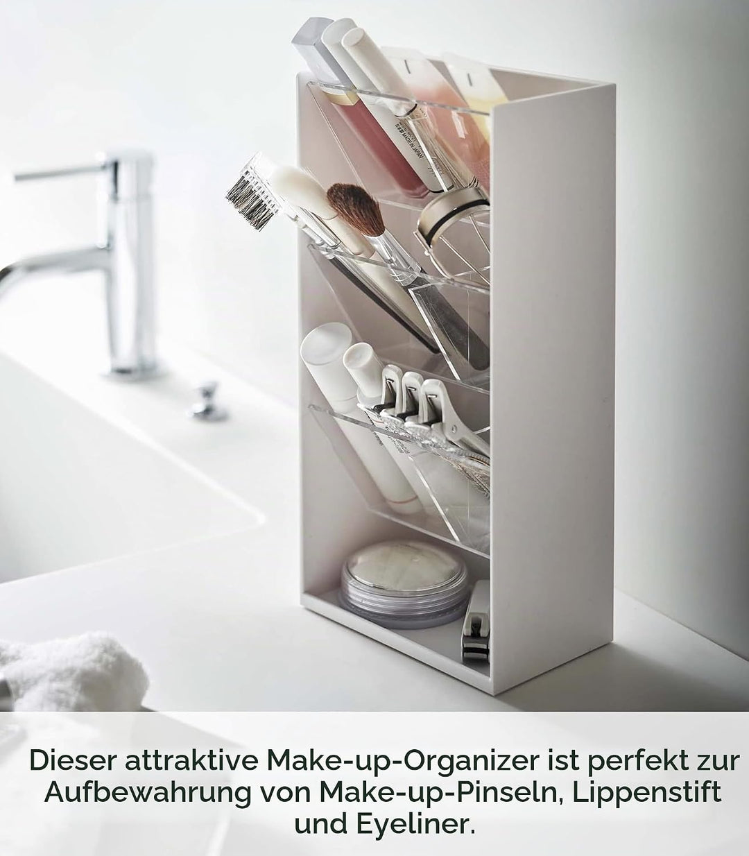 Yamazaki 5603 TOWER Makeup Storage Case, white, ABS Resin/Polycarbonate/Silicone, 12 x 7.7 x 25 cm W