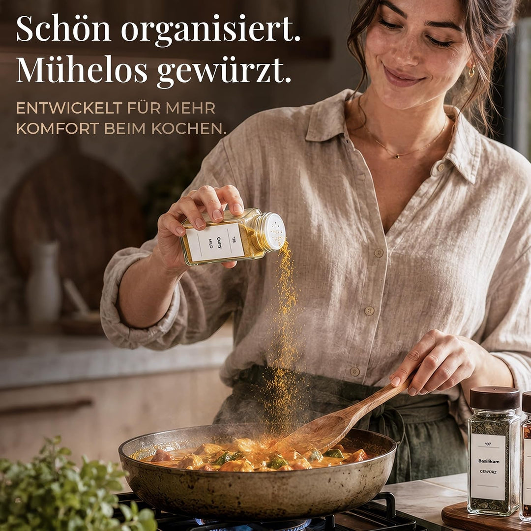 Gewürzgläser mit Streueinsatz [24x 120ml] + 320 Wasserfeste Label - Luftdichte Gewürzgläser eckig -