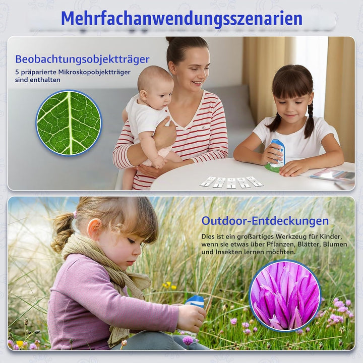 HUTACT Mini Mikroskop für Kinder mit Objektträger Set: 60x-135x LED Taschenmikroskop Tragbares Handm