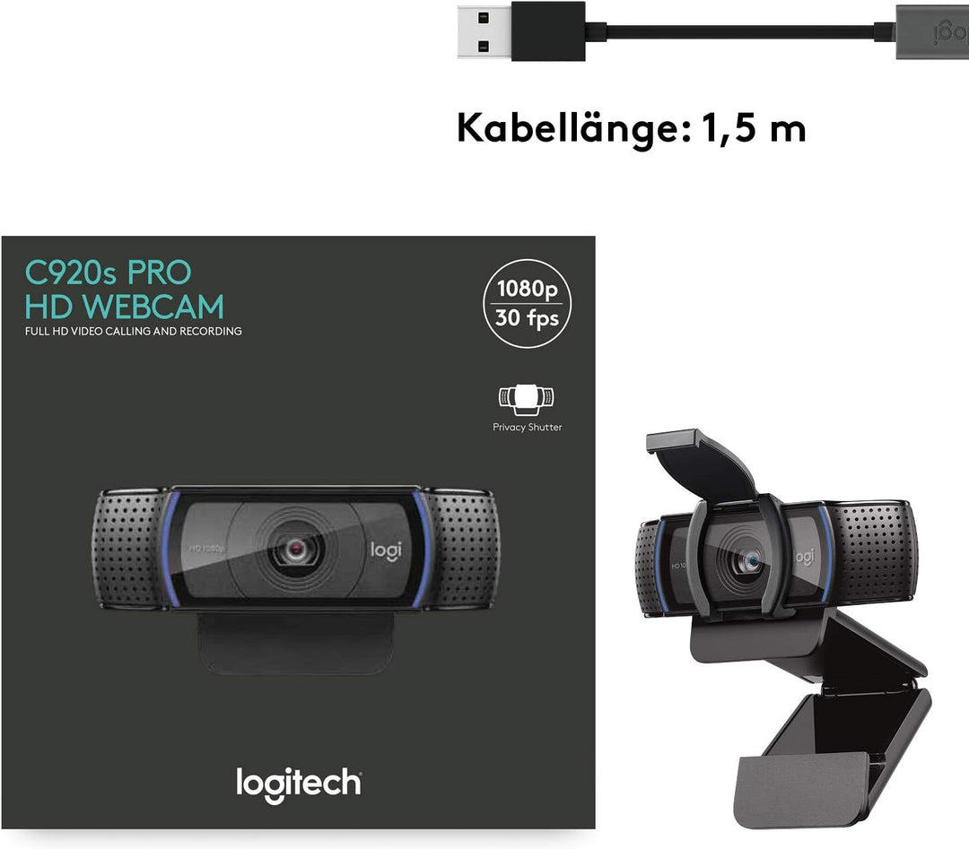 Logitech C920s HD PRO Webcam, Full-HD 1080p, 78° Blickfeld, Autofokus, Belichtungskorrektur, USB-Ans