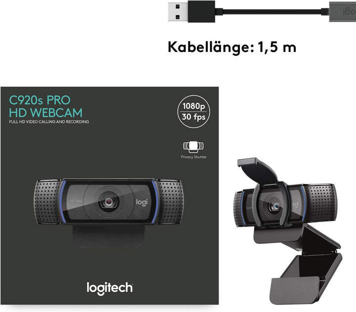 Logitech C920s HD PRO Webcam, Full-HD 1080p, 78° Blickfeld, Autofokus, Belichtungskorrektur, USB-Ans