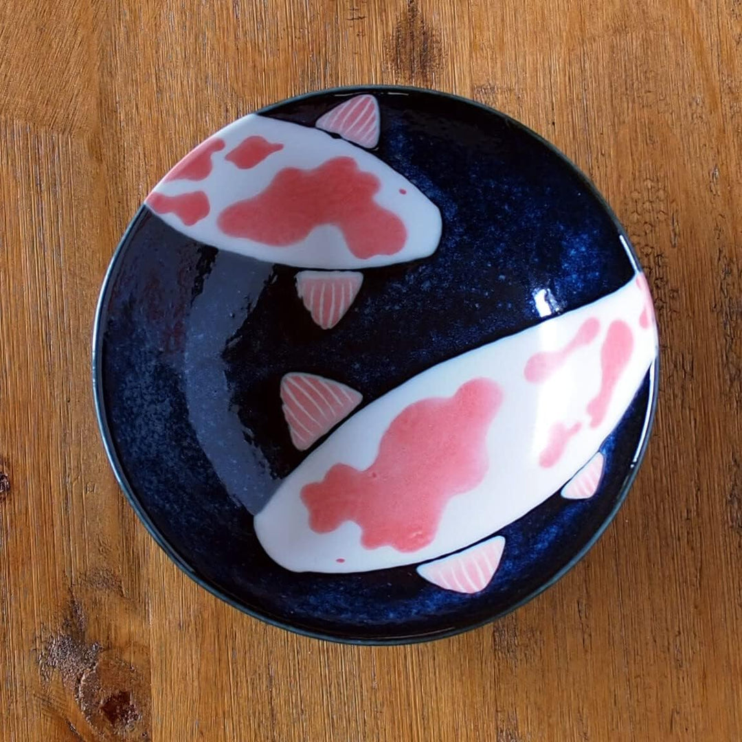 Minorutouki Japanische Mino-yaki Keramik-Reisschalen, 14,5 cm, mit rotem Karpfenmuster, Schwarz, her