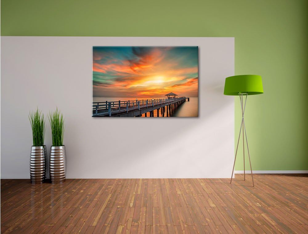 Pixxprint Steg ins Meer bei Sonnenuntergang als Leinwandbild/Grösse: 100x70 cm/Wandbild/Kunstdruck/f
