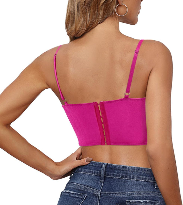 Naimo Damen Seide Satin Top Strass Korsett Bustier Cami Sexy Ärmellos Spaghettiträger Crop Tank Top