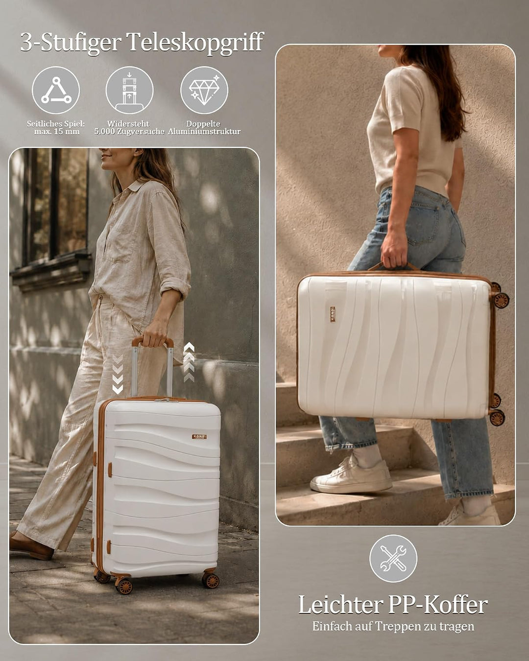 KONO Mittelgross Koffer 65cm Leicht Reisekoffer aus Polypropylen Hartschale Koffer mit 4 Rollen und