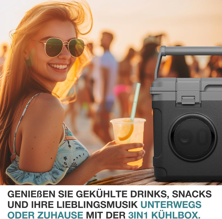 TOM 3in1 Musik Kühlbox 21l zum Kühlen, Warmhalten und Musik hören – mit Bluetooth Lautsprecher – Küh
