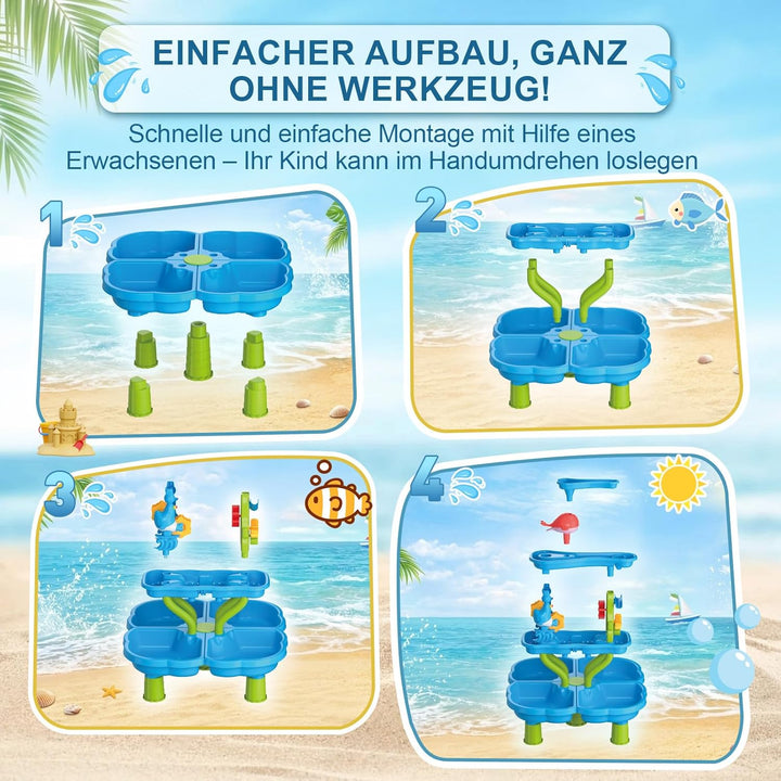 Wasserspieltisch Kinder, 4-stufiger Sand- und Wasserspieltisch mit Sandkasten-Zubehör, Grosser Wasse