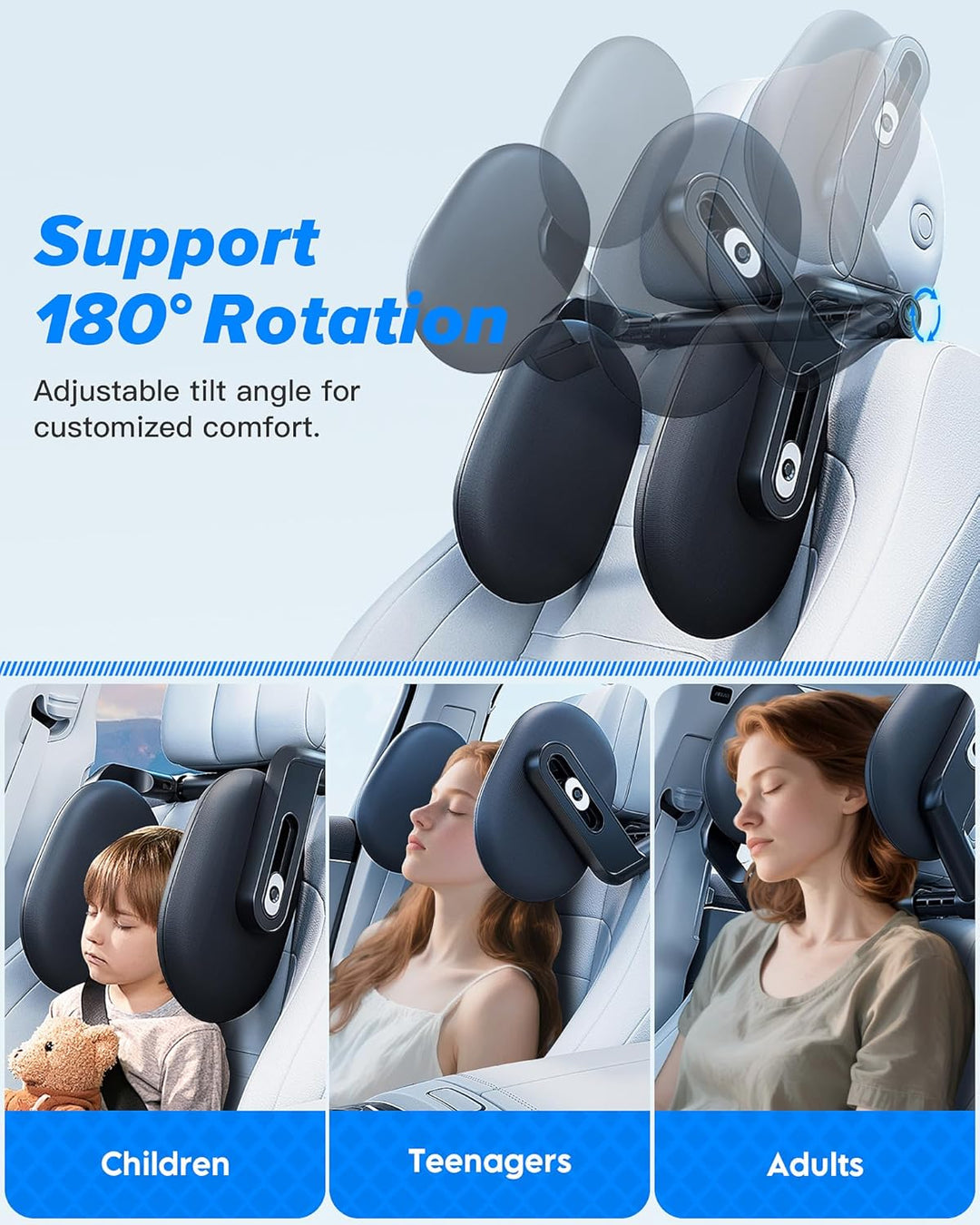 Kopfstütze Auto Kinder, 2026 Upgrade Auto Nackenstütze 360° Drehbare Reise Autokissen, 3 Punkt Verbi