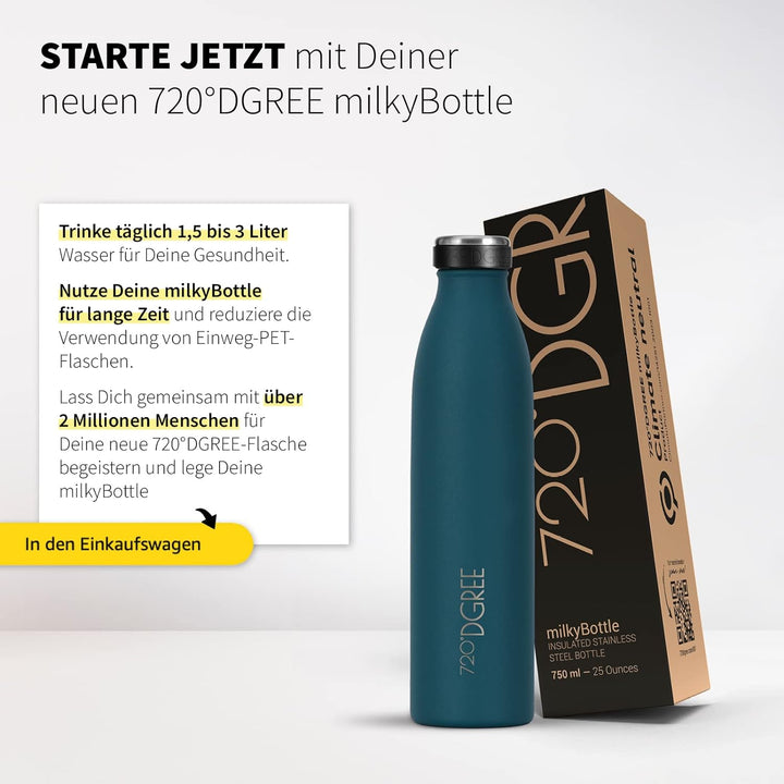 720°DGREE Edelstahl Trinkflasche “milkyBottle” - 750ml - BPA-Frei, Auslaufsicher, Kohlensäure geeign