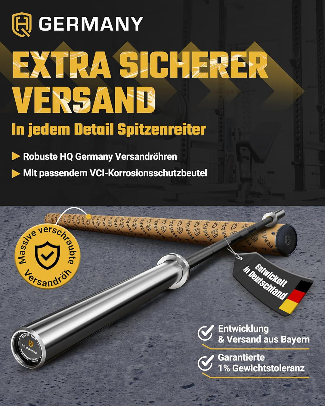 HQ Germany® Powerlifting Olympia Langhantelstange | 50mm, 220cm | 6 Graphitlager | 200.000 PSI, 700k