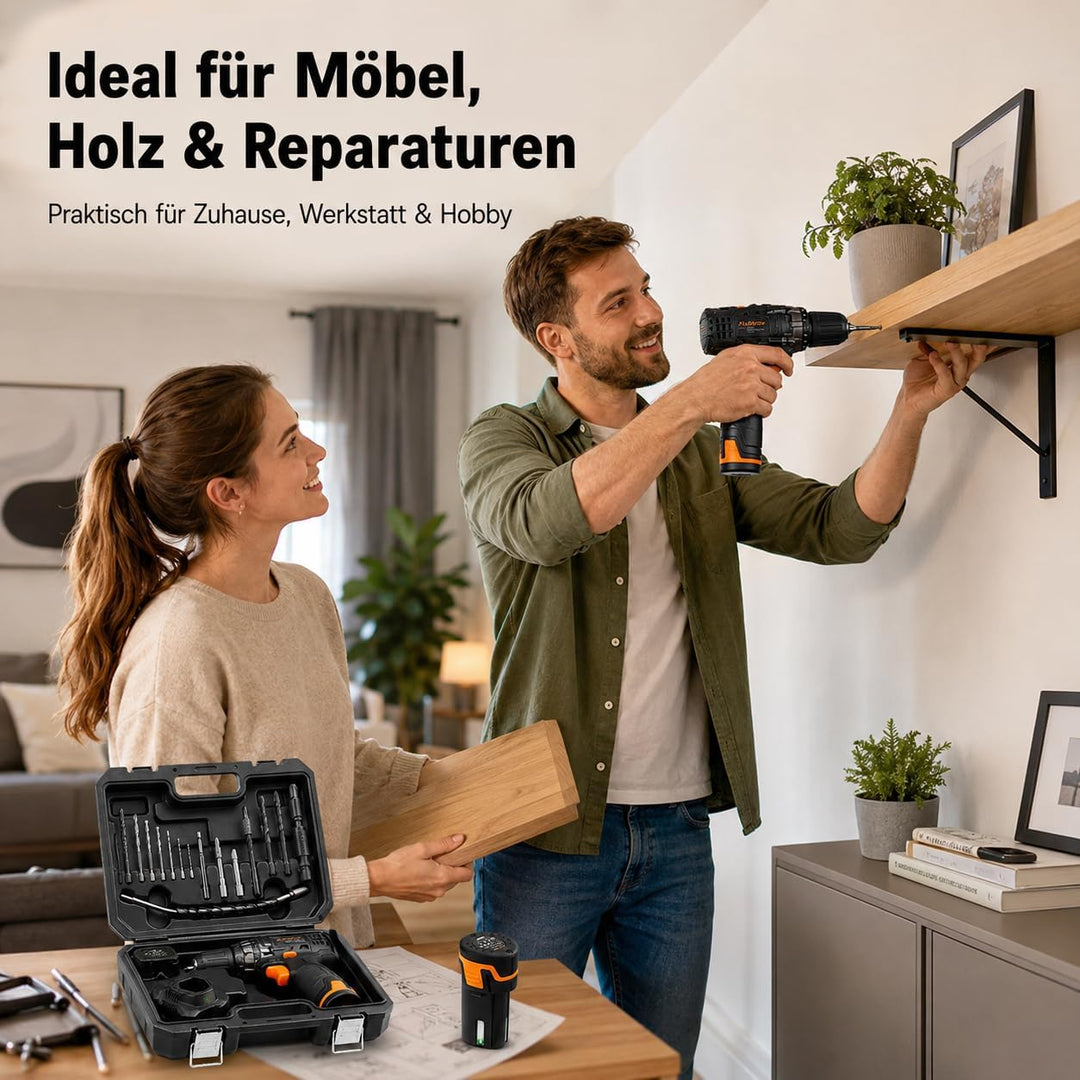 Akku-Bohrschrauber mit hoher Leistung, zwei Gängen, umfangreichem Zubehörset, LED-Licht, Schnelllade