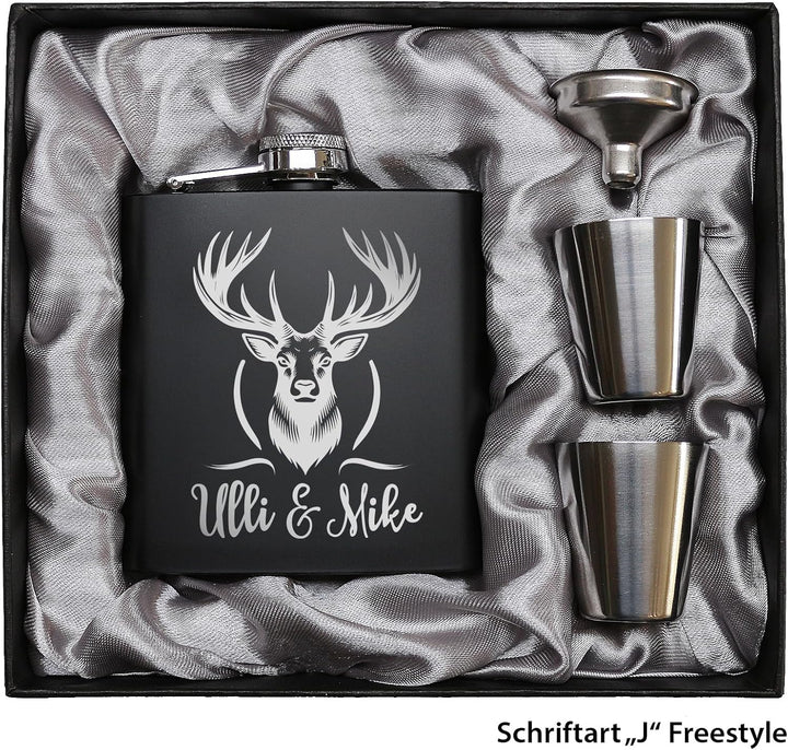 Jäger Geschenk Flachmann Hirsch mit Gravur Flachmann Jäger Geschenkidee Männer Schwarz, Schwarz