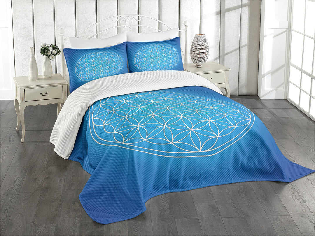 ABAKUHAUS Blau Tagesdecke Set, Blume des Lebens, Set mit Kissenbezügen Sommerdecke, für Einzelbetten