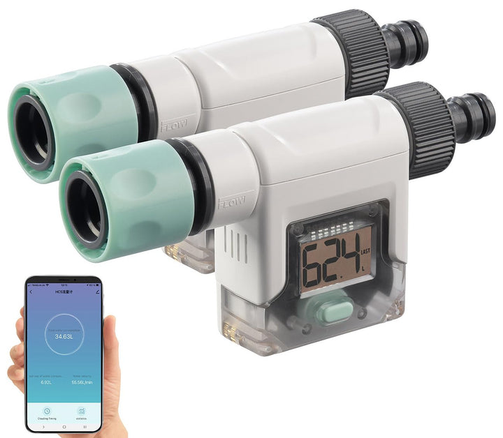 Royal Gardineer Garten-Wasser-Zähler: 2er-Set Smart-Wasserzähler für Gartenschlauch, Display, Blueto