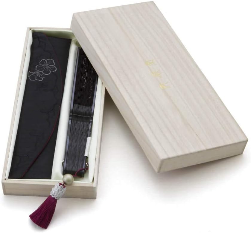 Maisendo Handfächer Eien Schwarz, Bambus Holz und japanische Baumwolle, Premium-Qualität Stoff Etui