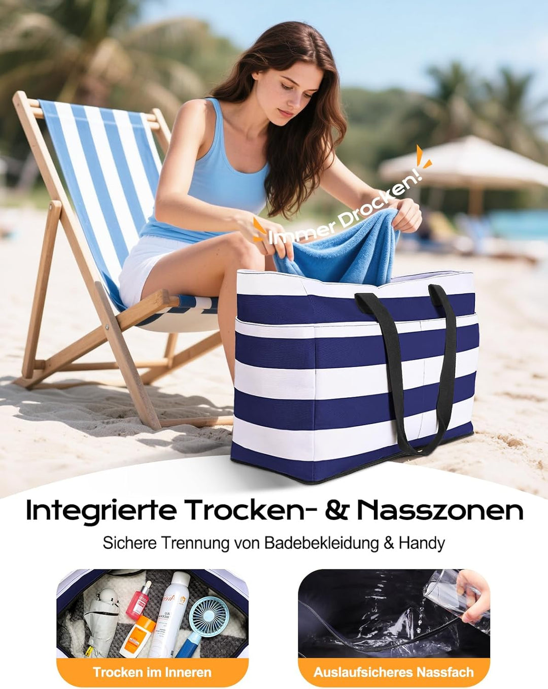CIRYCASE Strandtasche XXL Familie mit Kühlfach, 54L Grosse Badetasche Strandtasche mit Reissverschlu