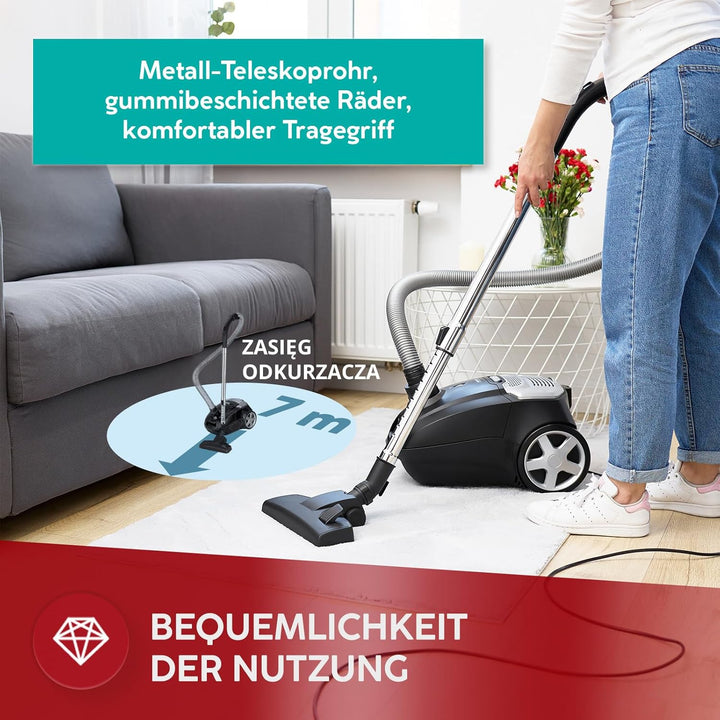 MPM Staubsauger mit Beutel MOD-54 – 5 Düsen - HEPA 13 Filter - 3,5L Staubbeutel - Teleskoprohr – Ide