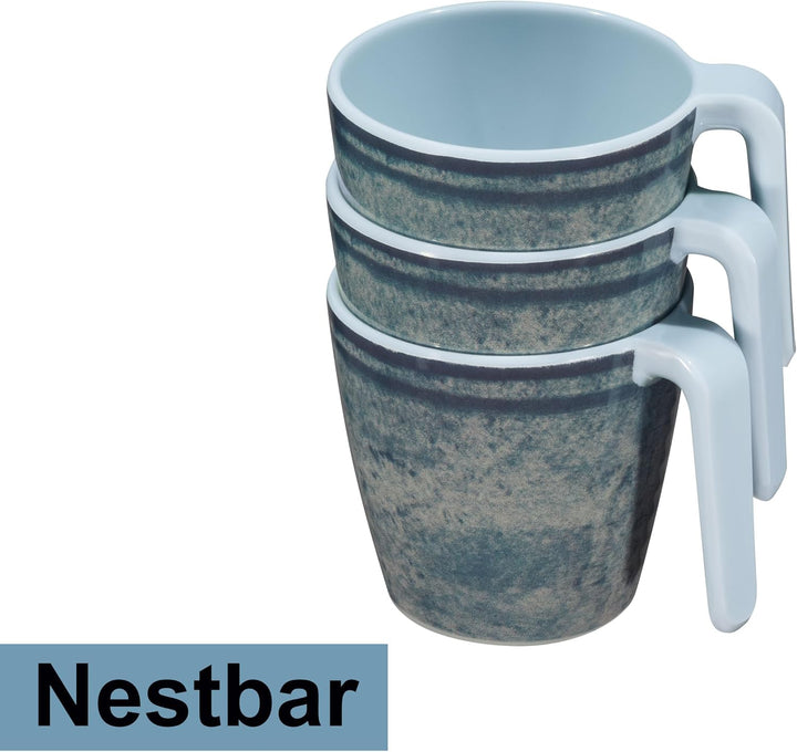 Melamin Geschirr Set Mondgranit Blau-Grau für 6 Personen Camping Picknick 24 Teile - mit Tassen, 24
