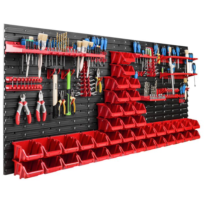 Lagersystem Werkstattregal | 172 x 78 cm | 40 stck. Box | Wandregal mit Werkzeughalterungen und Stap