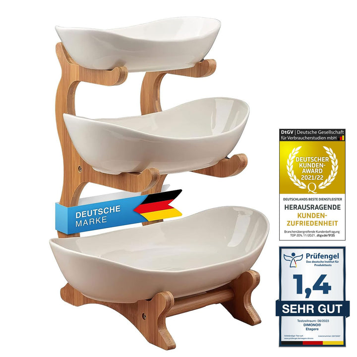 Dimono® Etagere Deluxe Servier-Ständer; 3-Etagen Keramik-Servierschalen; Obst- & Gemüseschale mit Ba