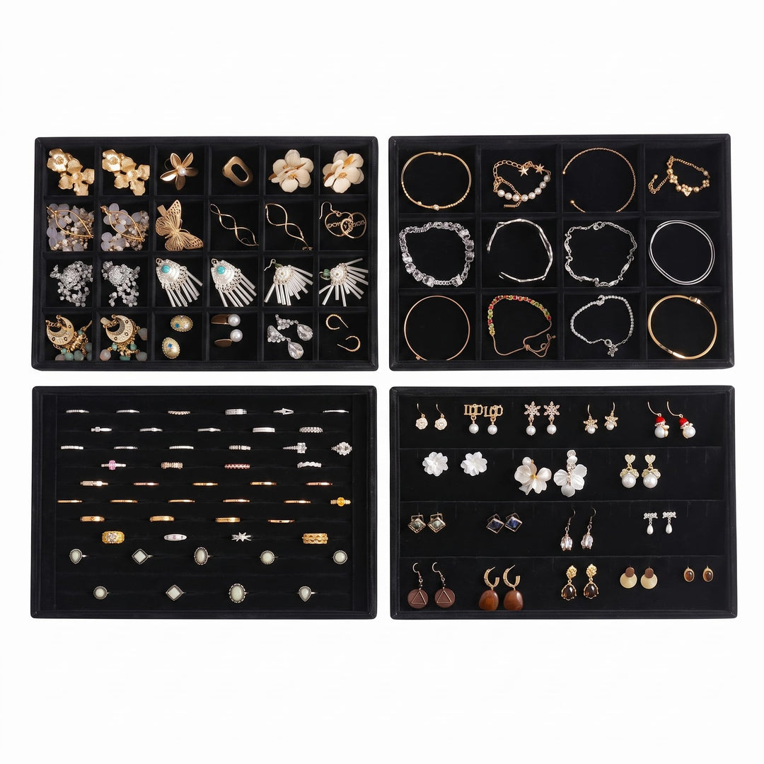 Frebeauty Stapelbare Samt-Schmuck-Organizer-Ablagen für Schubladen Einsätze Schmuckaufbewahrung Vitr