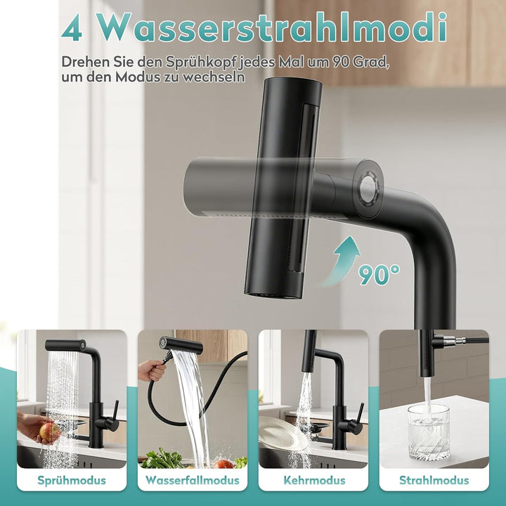 MIAOHUI Wasserhahn Küche mit Glasspüler, Schwarz | 4 Funktionen Armatur Küche Ausziehbar, Einhebel k