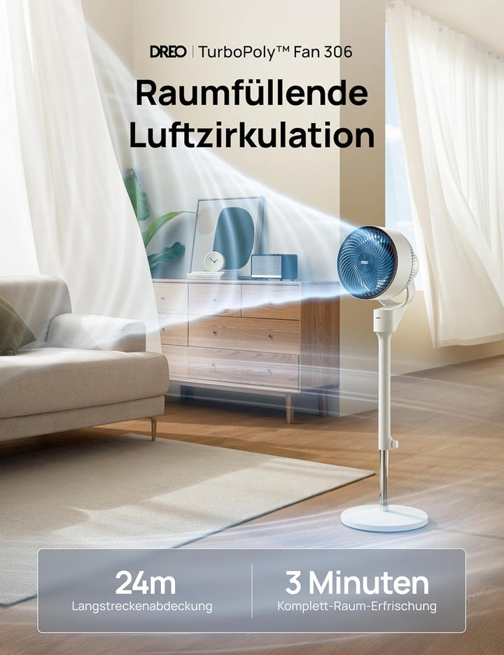 DREO Ventilator für Schlafzimmer, 80° oszillierender Standventilator, 20dB leise, 24m Reichweite, 90