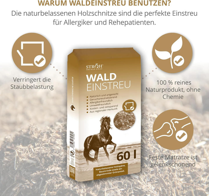 STRÖH Waldeinstreu - Naturbelassene Holzschnitzel - Stall Einstreu - 60L | Staubfrei &amp; geruchsneutra