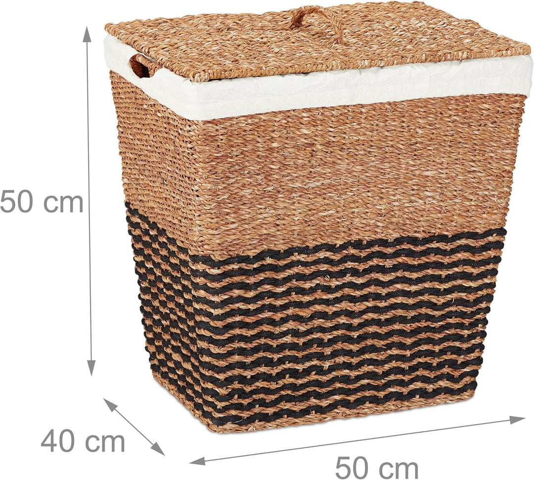 Relaxdays Wäschekorb mit Deckel, aus Seegras, Baumwoll-Wäschesack 87L, HxBxT: 50x50x40 cm, Wäschebeh