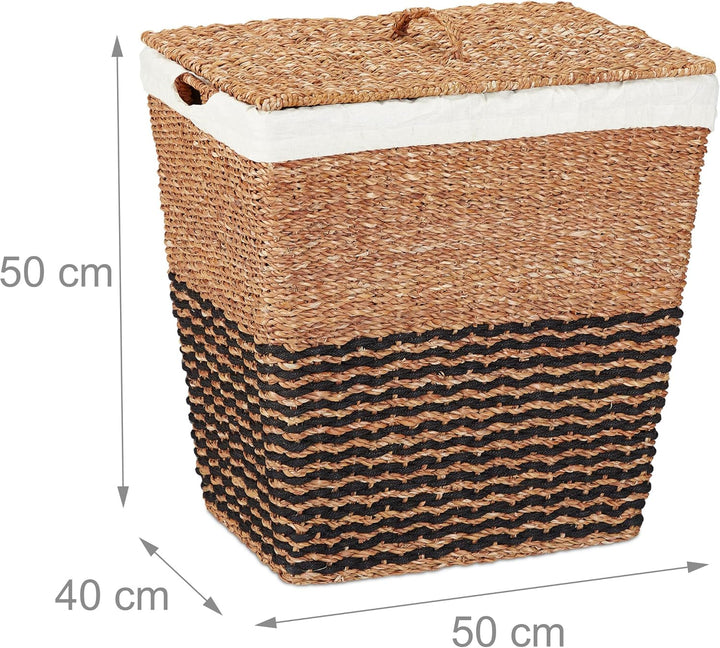 Relaxdays Wäschekorb mit Deckel, aus Seegras, Baumwoll-Wäschesack 87L, HxBxT: 50x50x40 cm, Wäschebeh
