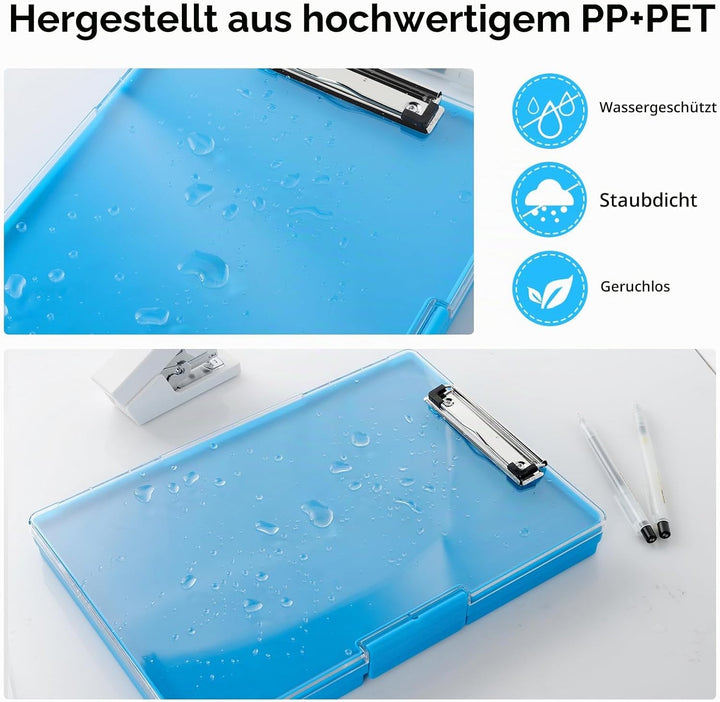 FRETONBA Klemmbrett a4 mit Aufbewahrungsfach, Blau Kunststoff-Klemmbrett, Leichtes Zwischenablage, T