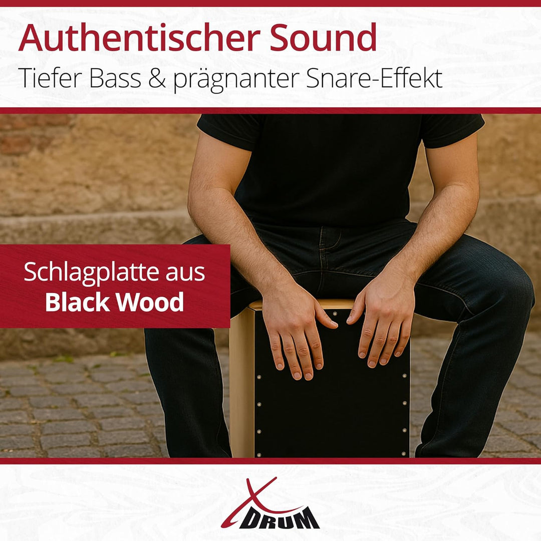 XDrum Cajon Peruana Black Wood (3 mm Schlagplatte, 9 mm Birkenkorpus, 48 cm hoch, inkl. Rucksack-Tas