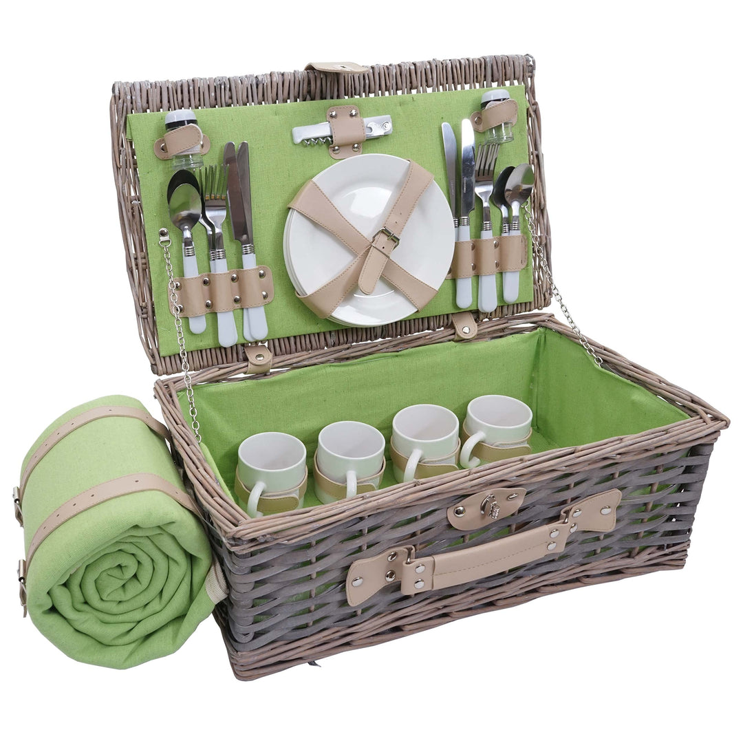 Picknickkorb-Set HWC-B24AM für 4 Personen, Weiden-Korb, Porzellan Edelstahl - grau-grün, Grau-grün