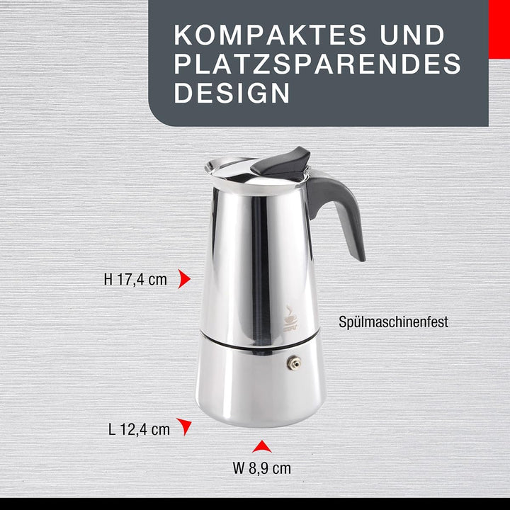 GEFU Espressokocher EMILIO für 4 Tassen | Edelstahl Mokkakanne mit Ausgiessnase | Für Gas, Elektro,