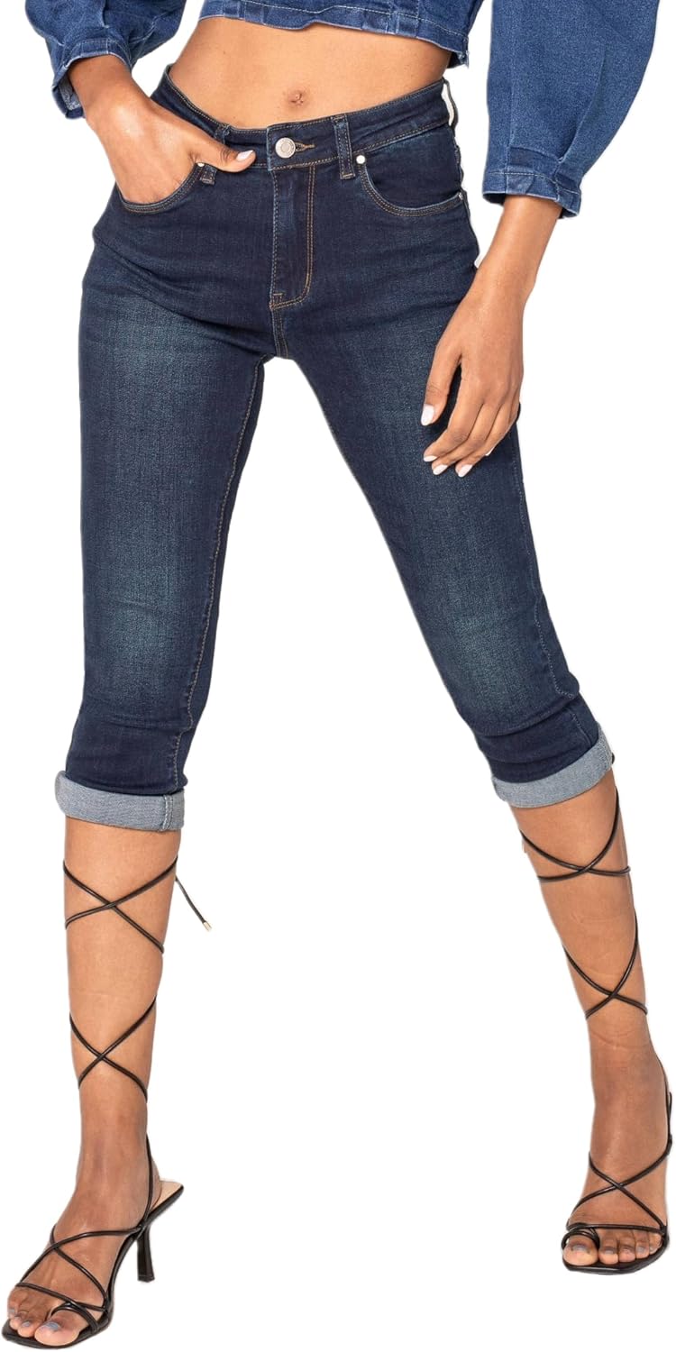 Nina Carter P132 Damen Capri Skinny Fit Jeanshosen HIGH Waist Jeans Used-Look Waschungseffekt M Dunk