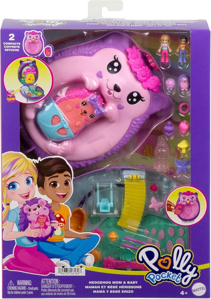Polly Pocket 2-in-1 Reisespielzeug mit 2 Mikropuppen und 16 Accessoires, Igel-Handtaschen-Spielset,