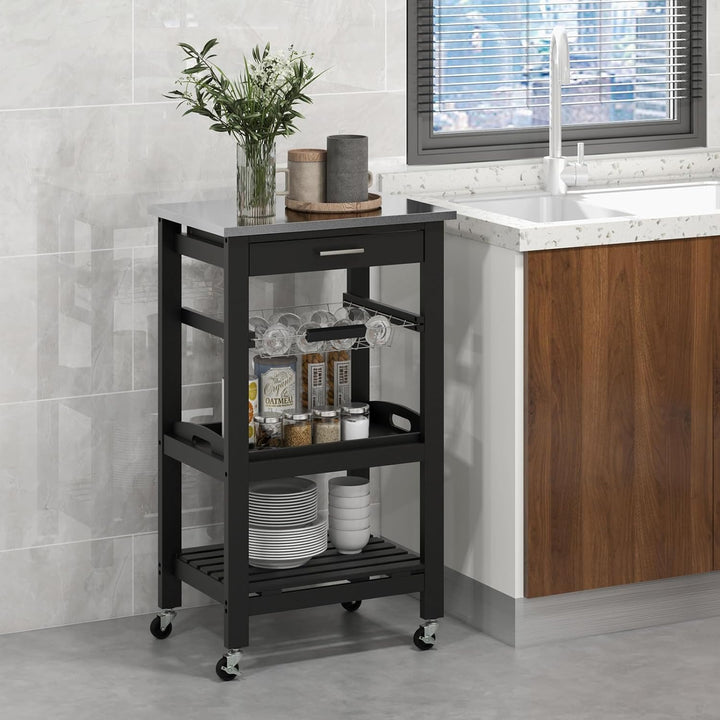 KOMFOTTEU Servierwagen mit Edelstahl Arbeitsplatte, Küchenwagen Klein, Rollwagen mit Schublade & Abl