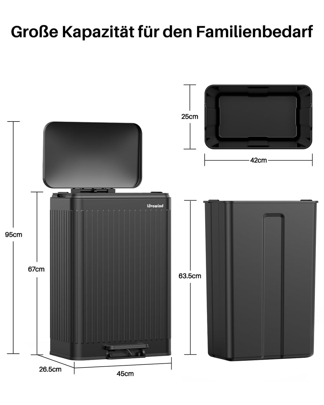 lovewind 60L Mülleimer Küche Edelstahl Schwarz, Pedal-Behälter mit Soft-Close Deckel, 2 herausnehmba