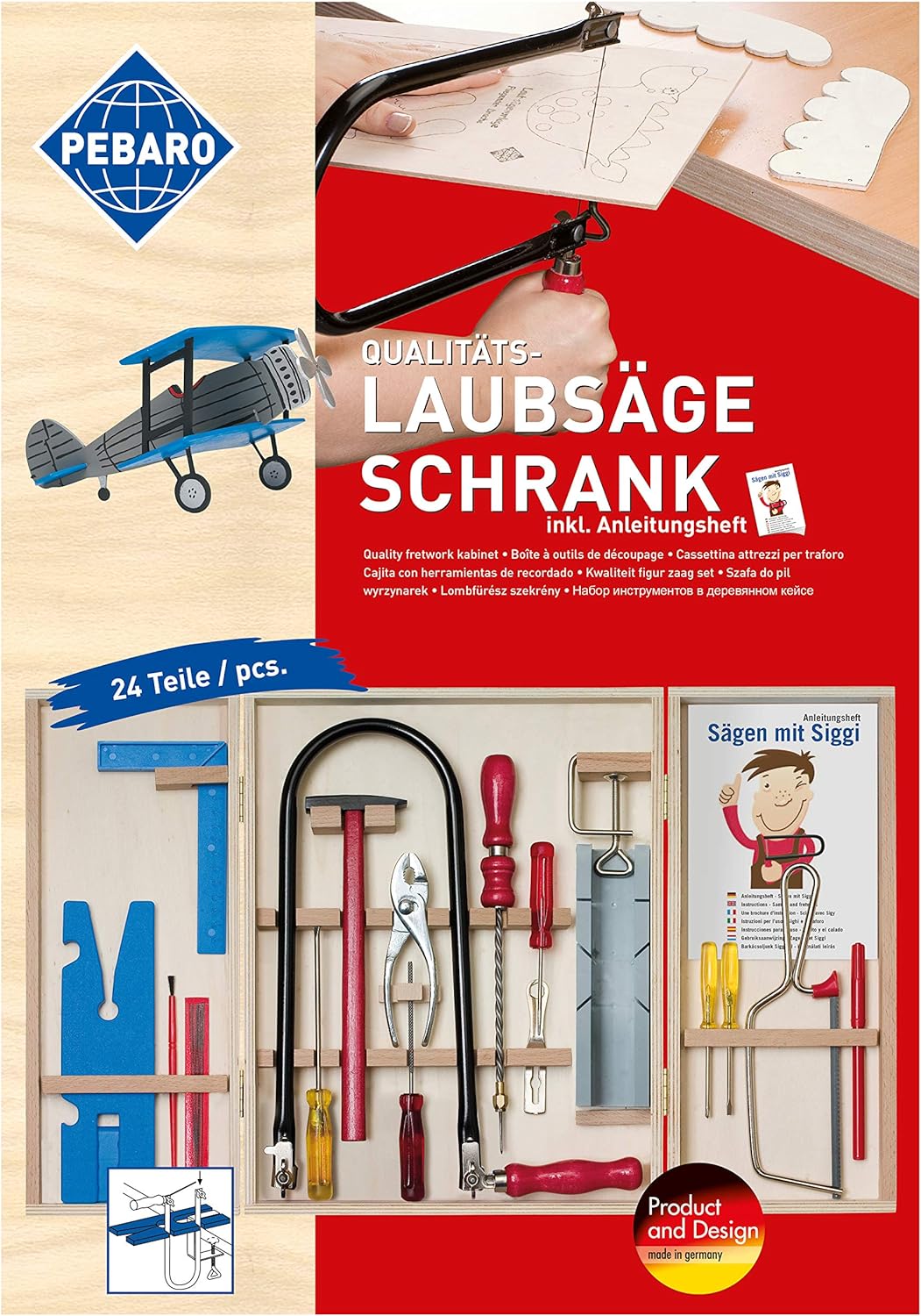 Pebaro M407C Laubsaege im Holzkasten, 36 cm x 29,5 cm x 6 cm & 377/1S Papeterie & Sticker, DIN A4 Bu